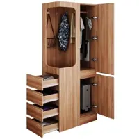 MODFU Kleiderschrank 70x40x170 cm mit 4 Schubladen offener Kleiderstange und 1 Tür aus Holz Weiß+Naturholz platzsparend
