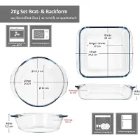 MamboCat 2tlg Set Brat- & Backform 800ml 1,8L Glas rund quadratisch Auflaufform Ofenform