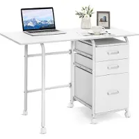 Costway Klappbarer Computertisch mit 3 Schubladen und Rollen, Schreibtisch mit Metallrahmen, platzsparender Bürotisch, Klappschreibtisch für kleine Räume, 105 x 50 x 75 cm (Weiß)