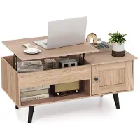 Costway Couchtisch mit anhebbarer Platte und Stauraum, Wohnzimmertisch mit verstecktem Fach, Schrank und offenem Regal Natur