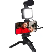 Grundig Telefonstativ mit Lampe - Telefonstativ mit Mikrofon - LEDs mit 3 Farbeinstellungen - Handys 53 bis 84MM - Tischplatte und Selfie-Stick - Kunststoff - Schwarz