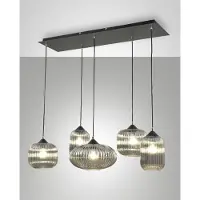 FABAS LUCE Gillis Pendelleuchte aus Metall und mundgeblasenem Rauchglas, 5x E27 40W 90x25x200cm - Elegantes Design für moderne und raffinierte Interieurs