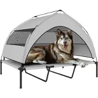 PawHut Hundeliege Outdoor mit Dach, Erhöhtes Hundebett mit Stahlrahmen Hellgrau