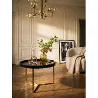 KADIMA DESIGN Couchtisch JESI 58,5x42x58,5cm Schwarz / Gold Sofatisch Metall Rund, Designer Retro Wohnzimmertisch modern, Kleiner Loungetisch mit Metallgestell, Runder Tabletttisch mit Holz-Platte