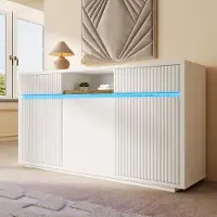 OKWISH Sideboard Kommode Mit LED Beleuchtung Aufbewahrungsschrank Beistellschrank Mit Verstellbaren Böden Vitrine Für Wohnzimmer Weiß 140x40x85 cm