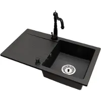Brado Granit Küchenspüle LEON Einbecken mit Abtropffläche inkl. Armatur Retro, Seifenspender und Raumsparsiphon Chrom