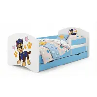 Happy Babies 1x Kinderbett mit Rausfallschutz Junge 140x70 Bett für Kinderzimmer mit Schublade Matratze Einzelbett für Kinder Weiß Blau Hundemotiv