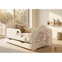 Happy Babies Kinderbett 140x70 cm mit Schublade Matratze Bettkasten Kinderbett Weiß Rausfallschutz Komplettset, Einhorn, für ein Mädchen