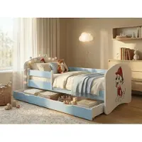 Happy Babies Blaues Kinderbett 140x70 komplett mit Rausfallschutz, Matratze und Bettschublade | Sicheres Kleinkinderbett mit Stauraum