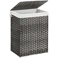 Songmics Handgeflochtener Wäschekorb, faltbar, 90 L Synthetik-Rattan-Kleiderkorb mit Deckel und Griffen, abnehmbarer Innenbeutel, grau
