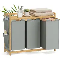 Songmics 3-fach getrennter Wäschenest, bis zu 150 L Fassungsvermögen, mit Einlegeboden, Wäschenetze, Seiten Tasche, 3 x 50 L, 94 x 33 x 78 cm, Grau, RLH115G01