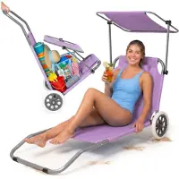 BE-ACTIVE.PL Sonnenliege mit Rädern mit Dach Klappliege Verstellbare Rückenlehne bis 120 kg Violett