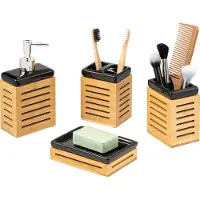 Bremermann Badezimmer-Set 4-tlg., Bambus, Keramik, schwarz, Badezimmer-Zubehör-Set