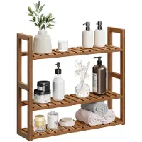 Songmics BCB013K01 Badezimmerregal, Bambusregal, Pflanzenregal mit 3 einstellbaren Etagen, Wandmontage, Freistehend für Wohnzimmer, Flur, Küche, 15 x 60 x 54 cm, Kaffeebraun