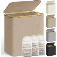 Songmics Wäschekorb 150 L mit Deckel und 3 Fächern 60 x 38,5 x 70,5 cm kamelbraun LCB515N02
