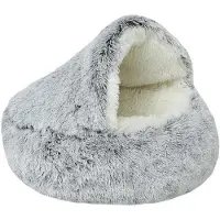 OEM Hundebett Rund Halboffenes mit Kap Kleine Hunde und Katzen Haustierbett Waschbar Antislip Hundebetten Langhaarig Plüsch Verdickte Warme Hundekissen Grau Ø40CM