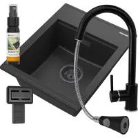 Granitan | Granitspüle - Spülbecken - 50x40 cm - Schwarz - Mischbatterie SNAKE Schwarz - mit Siphon - ALOR