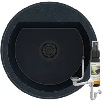 Granitan - Granitspüle - Küchenspüle - 49x49x18 cm - Schwarz - mit Siphon - rund - Spülbecken - ARNO