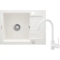 Deante SET ZQZAA11A Einzelwaschbecken mit Abtropffläche + Armatur, Alabaster