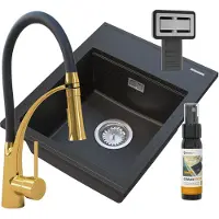 Granitan - Granitspüle - Küchenspüle - 50x40 cm - Schwarz - mit Armatur NEXO GOLD - Spülbecken - ALOR