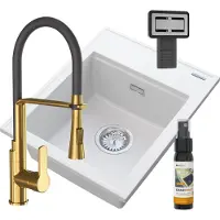 Granitan - Granitspüle - Küchenspüle - 50x40 cm - Weiß - mit Armatur VEGAS GOLD und Siphon - Spülbecken - ALOR