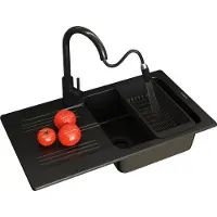 Granitan | Granitspüle - Spülbecken - 77,5x43,5 cm - Schwarz - Küchenarmatur LOSETO - mit Abtropfgestell - ADA