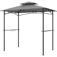 Goplus Grillpavillon 242 x 150 cm, Grill Pavillon Doppeldach, mit 2 Seitenregalen & 6 Haken, BBQ-Zelt mit Metallrahmen, Grau