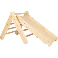 Meowbaby Klettergerüst für Kinder - Indoor Kletterdreieck mit Rutsche/Kletterwand, Montessori Spielgeräte Pikler aus Holz, Natur