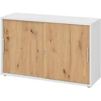 Bümö Schiebetürenschrank 2OH - Aktenschrank abschließbar, Sideboard Schrank mit Schiebetüren in Weiß/Asteiche, Relinggriff - Büroschrank aus Holz mit