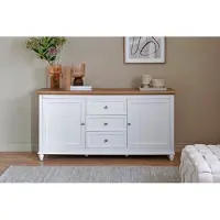 Jahnke Sideboard im Vintage-Look mit Montanaholz-Deckplatte, weißer Front und Metallgriffen, 150 x 80,5 cm