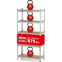 Easymaxx Schwerlastregal mit 5 belastbaren Holzböden, silber/holzfarben A-Ware