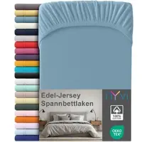 NYVI Edel Jersey Spannbettlaken Deluxe für Matratzen bis 25 cm Steghöhe - 100% Baumwolle supergekämmt, 140g/m2, Rundumgummizug Größe:90-100 x 200 cm;Farbe:Stahlblau