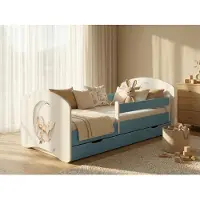 Happy Babies Blaues Kinderbett 140x70 komplett mit Rausfallschutz, Matratze und Bettschublade | Sicheres Kleinkinderbett mit Stauraum, Tiere