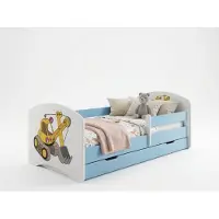 Happy Babies Kinderbett Komplett-Set 140x70 cm | Bett mit Schublade, Matratze & Sicherheitsbarriere | Blau-Weißes Bett für Mädchen & Jungen, Bagger