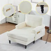 SUCCESS COURIER Moderner minimalistischer Chenille-Liegestuhl/Einzelsofa, Holzbeine + bequeme Rückenlehne/Armlehnen, Seitentaschen für Aufbewahrung – für Wohnzimmer