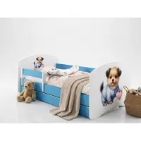 Happy Babies Kleinkinderbett 140x70 in Blau inkl. Matratze, Rausfallschutz & Stauraum-Schublade | Hochwertiges Motiv-Bett für Kinder, Hund