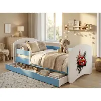 Happy Babies Kinderbett Komplett-Set 140x70 cm | Bett mit Schublade, Matratze & Sicherheitsbarriere | Blau-Weißes Bett für Mädchen & Jungen, Auto