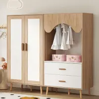 MODFU Kinderkleiderschrank-Set mit Zweitüriger Kleiderschrank und offener Kleiderschrank Schlafzimmermöbel mit 2 Schubladen und Kleiderstange Offener Stauraum Natur+Weiß