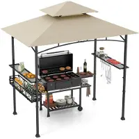 Costway Grillpavillon mit Doppeldach, Seitenregalen, Metallkorb, Haken & Flaschenöffner, Grillüberdachungen wetterfest, 242x153x250cm Beige