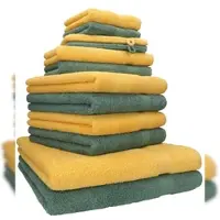 Betz 12-tlg. Handtuch-Set PREMIUM 100% Baumwolle 2 Duschtücher 4 Handtücher 2 Gästetücher 2 Seiftücher 2 Waschhandschuhe honiggelb/tannengrün