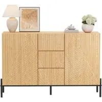 Merax Sideboard mit Türen & Schublade, Aufbewahrungsschrank Holzoptik mit 3D Struktur, Kommode, Metallbeine, Naturholzfarbe