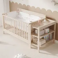 MODFU Gitterbetten Beistellbetten 70x140 mit abnehmbarem Schutzzaun und Wickeltisch Babybett Kinderbett mit 3-fach höhenverstellbar,ohne Matratze,Natu