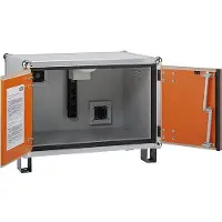 Cemo Akku-Ladeschrank Basic 8/5, 1-phasig, 6-fach Steckdosenleiste, belüftet, 2 Rauchmelder, mit Stapelfüßen, B 800 x T 660 x H 620 mm, lichtgrau/reinorange