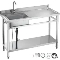 StarTech.com Edelstahl Gastro-Spültisch - Einzelbecken Küchenspüle - 120 x 50 x 94 cm - Mit Wasserhahn - Mit Ablageboden - Freistehend - Becken rechts