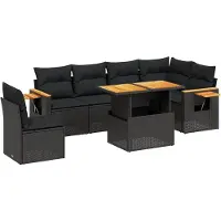 vidaXL 7-tlg. Garten-Sofagarnitur mit Kissen Schwarz Poly Rattan
