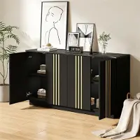 MODFU Sideboard Aufbewahrungsschrank mit verstellbaren Trennwänden Wohnzimmerschrank mit 4 Türen Viel Stauraum Design mit vergoldeten Linien Schwarz