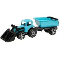 Plasto Tractor with frontloader and trailer, blue, 56 cm