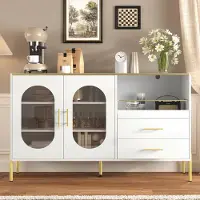 UnboxG Elegantes weißes Sideboard mit 2 Schubladen und 2 Glastüren, goldenen Details und viel Stauraum, ideal für Wohn- und Esszimmer.