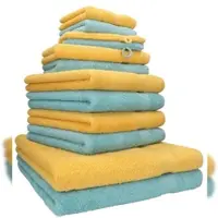 Betz 12-tlg. Handtuch-Set PREMIUM 100% Baumwolle 2 Duschtücher 4 Handtücher 2 Gästetücher 2 Seiftücher 2 Waschhandschuhe honiggelb/ocean