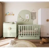 ZEE BAMBI Mint Babybett Set 120x60 cm mit Schublade & Barriere + Wickelkommode LOFT mit Wickeltisch & Holzbeinen Höhenverstellbar Kinderbett